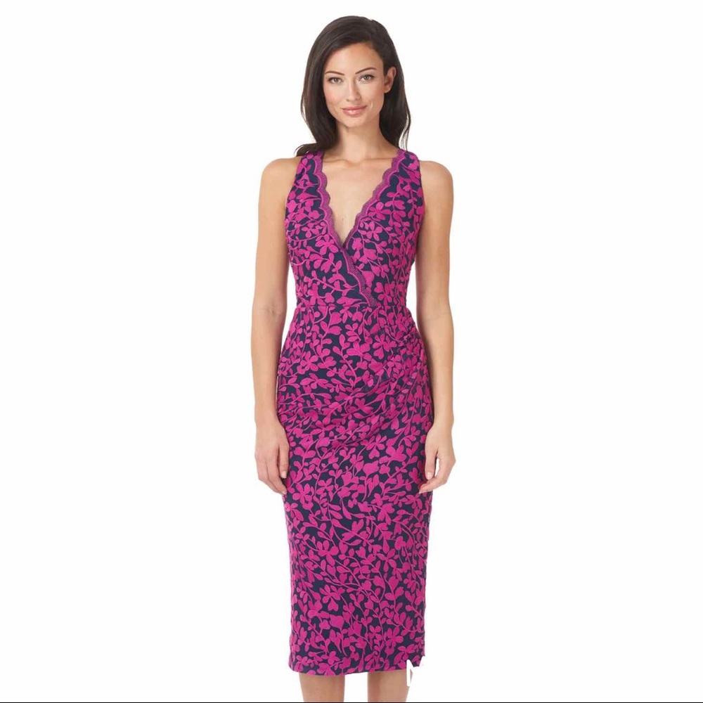Floral Embroidery Wrap Front Sheath Midi Dress